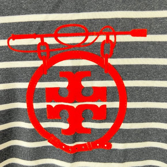 Tory Burch Sz Medium Gray White Striped Graphic Tee - Picture 9 of 15